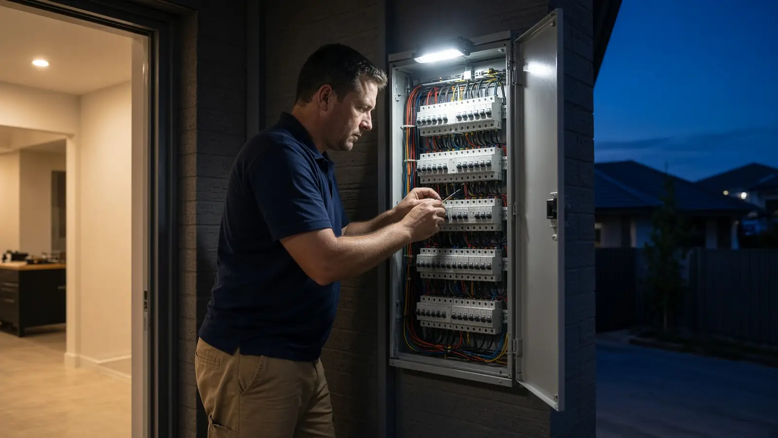 Electrician working on a switchboard in Oran Park