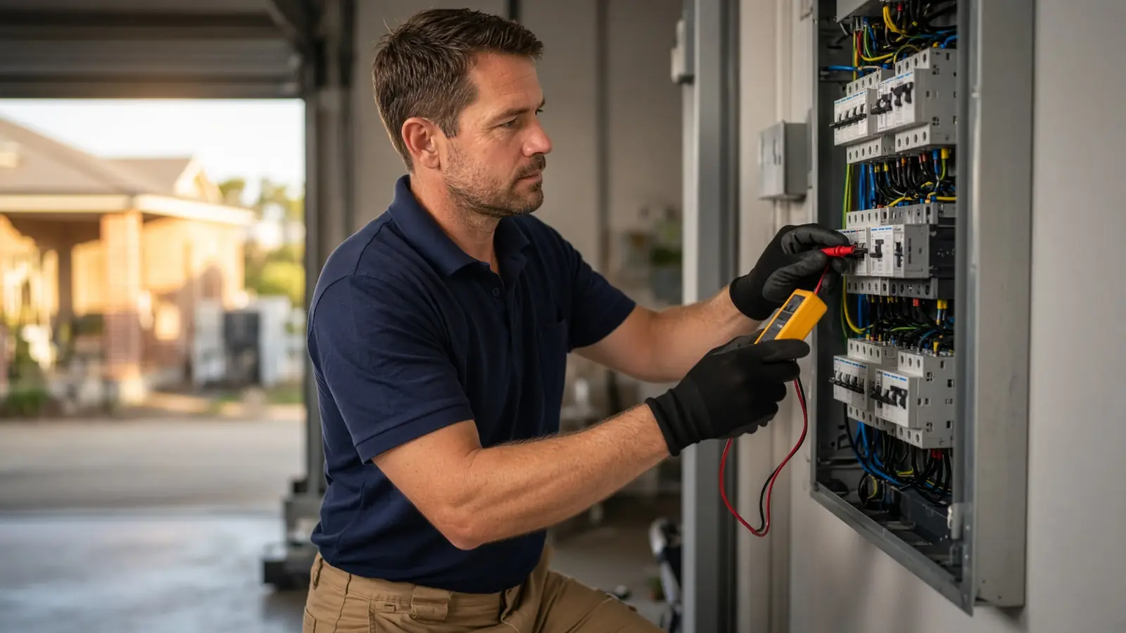 Licensed electrician testing a switchboard in an Oran Park garage